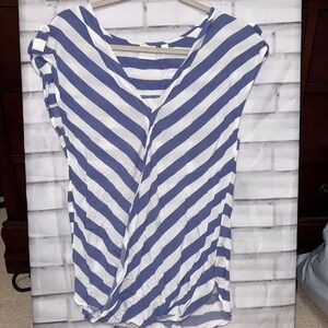 Soho Jeans New York & Company Blue White Striped V-Neck Wrap Front Blouse Medium